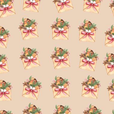 Parlak suluboya Merry Christmas zarf deseni bir Noel ruh hali ve geleneksel dekor unsurları ile. Handdrawn illüstrasyon. Zarf hediyeler ile.