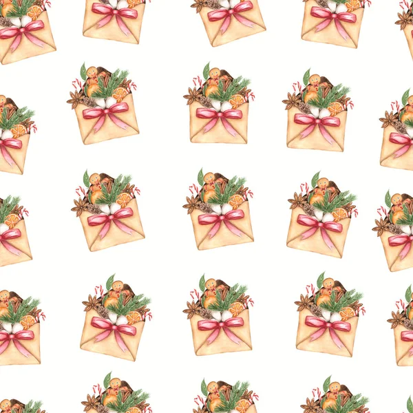 Parlak suluboya Merry Christmas zarf deseni bir Noel ruh hali ve geleneksel dekor unsurları ile. Handdrawn illüstrasyon. Zarf hediyeler ile.