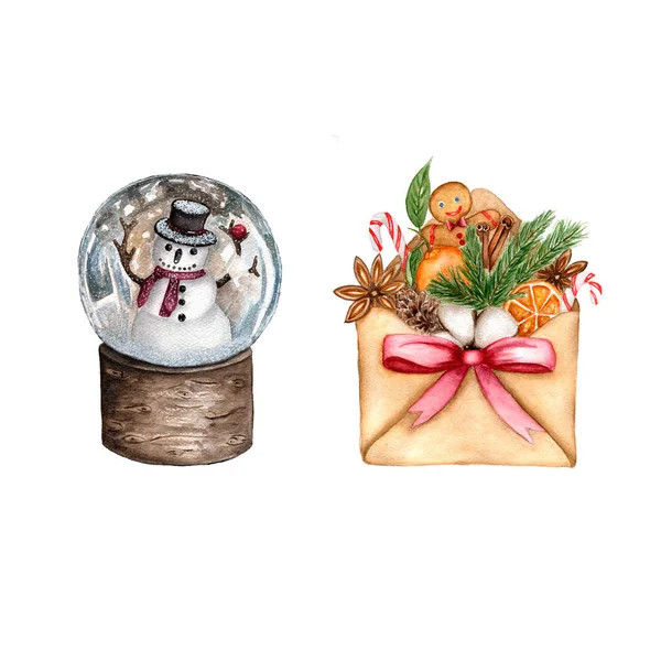 Akwarela Zestaw Christmas Snow Globe Bałwana Jasny Karta Wesołych Świąt — Zdjęcie stockowe