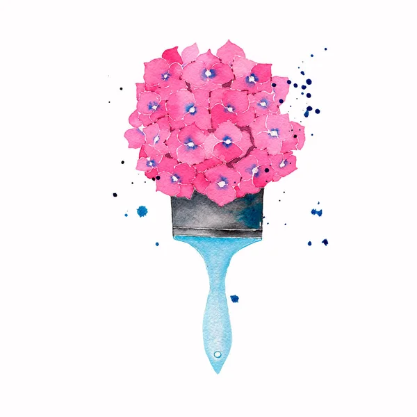 水彩画与紫色和粉红色的绣球花在蓝色刷子 水彩画污渍 手绘的夏季园林植物的植物插图 在白色背景上隔离的天然物体 — 图库照片