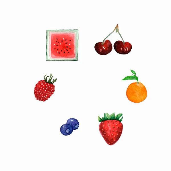 Set of hand drawn watercolor berries and fruits. Cherry, raspberry, strawberry,blueberry watermelon,orange. Isolated objects on white background for menu and recipe design.Summer juicy ripe berries.