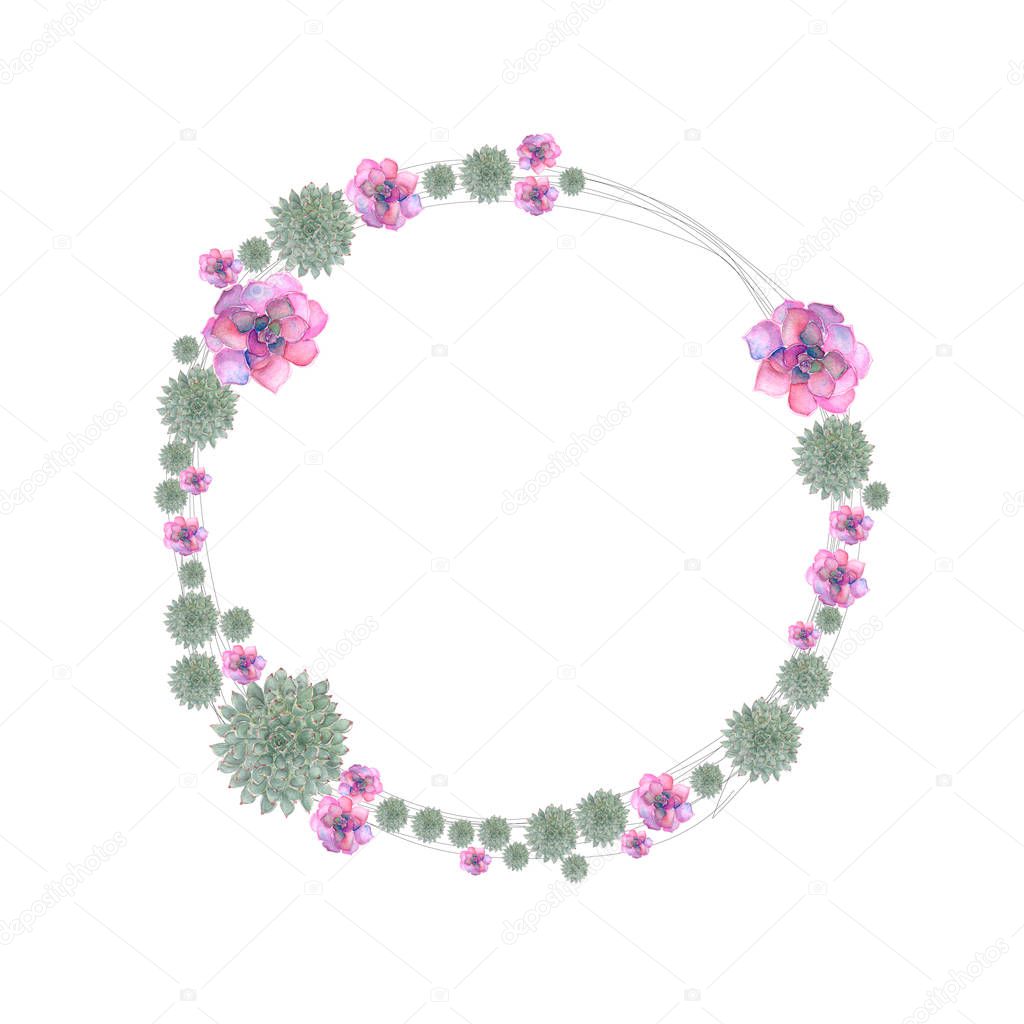 Floral frame with hand painted watercolor succulents flowers in bright pink,violet and green colors.Decorative wreath.Cute vintage exotic bouquet perfect for summer wedding invitation,party card making,blogs,template card,birthday,baby cards,greeting