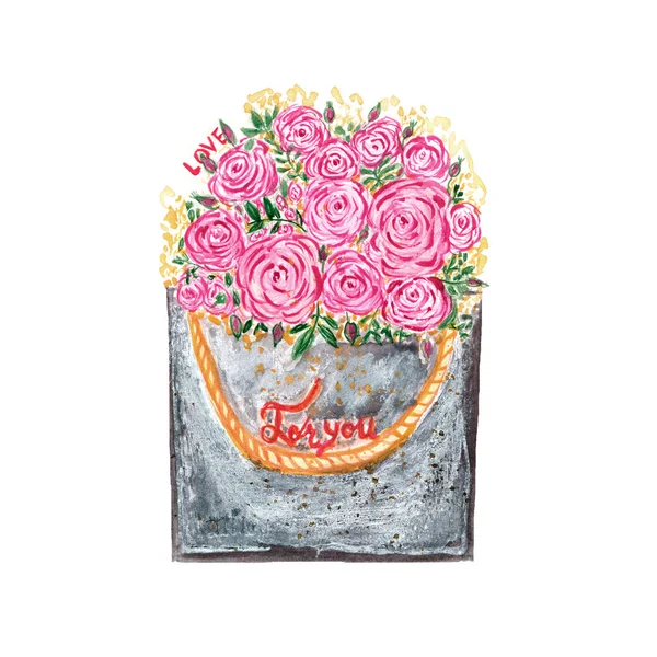 水彩画的手绘粉红色牡丹和绿叶在灰色包裹与爱情卡 为情人节提供可爱的插图 用于制卡 邀请函等 — 图库照片