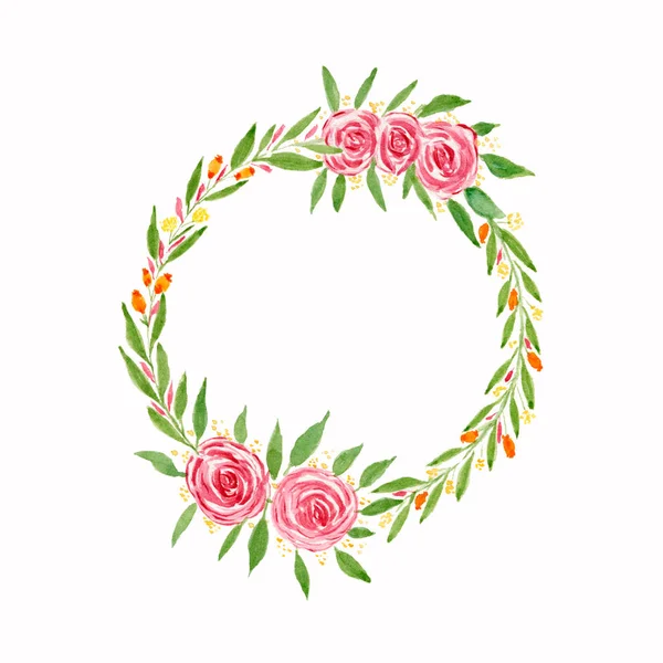 Akvarell Dekorativa Romantisk Krans Härliga Blommor Rött Rosa Färger Gröna — Stockfoto