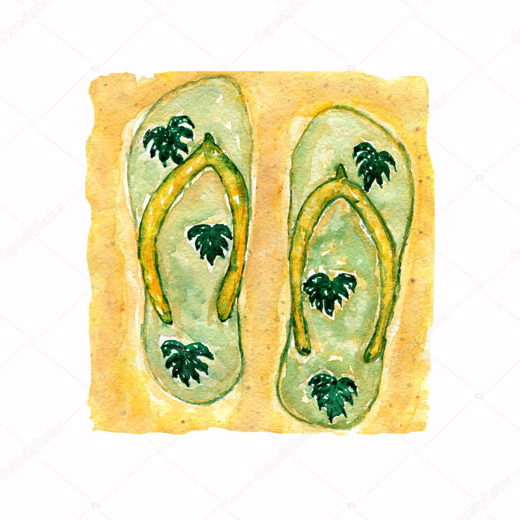 Watercolor illustration, hand drawn green slates shoes, flip flop sandals with monstera leaves  on the yellow sand background.Summer composition with bright colored seasonal object.