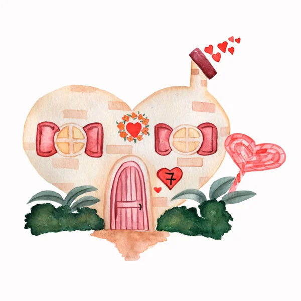 Cute watercolor house for Valentine\'s Day, with hearts,bushes anf leaves on a white background. sandy color and red tones. Hand drawing watercolor illustration in cartoon style.