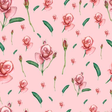 Bahar çiçekleri ve yaprakları ile Seamless modeli. Elle çizilmiş arka plan. çiçek desenli duvar kağıdı veya kumaş. Pembe renkte gül çiçek. Botanik. Retro tarzı. Kremsi pembe arka plan.