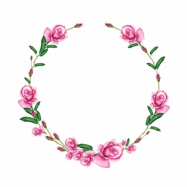 Yaprak ve çiçek gül güzel suluboya düğün buket. Çelenk çiçek ve yaprak daire ile. Renkli çiçek süsleme tasarım davetiye ve için. Elle çizilmiş bitkiler ile illüstrasyon.