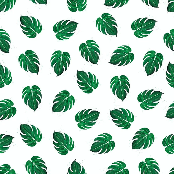Aquarell Florale Textur Nahtloses Botanisches Muster Mit Monsterblättern Grüner Farbe — Stockfoto