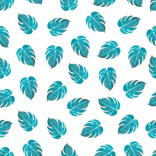 Aquarell Florale Textur Nahtloses Botanisches Muster Mit Monsterblättern Elektrischer Blauer — Stockfoto