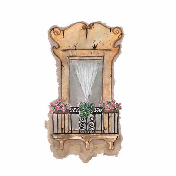 Alter Balkon Blumen Aquarell Handgezeichnete Aquarell Illustration Postkarte Illustration Des — Stockfoto