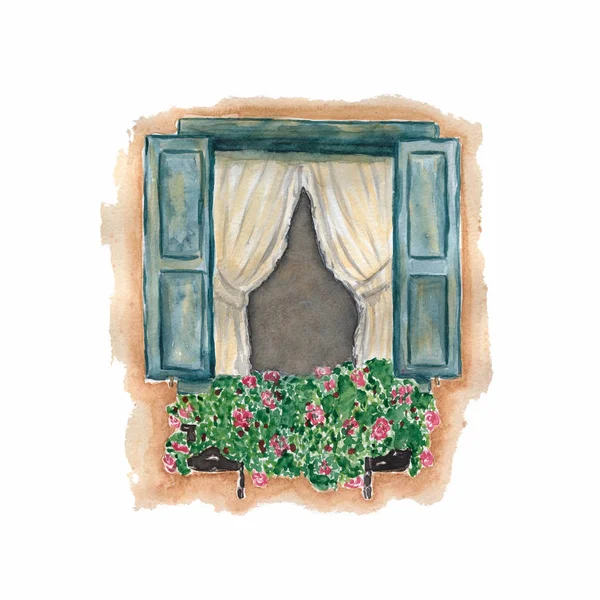 Beautiful open Window with blooming roses flowers. Watercolor hand painted illustration.Watercolor traditional old-fashioned window with potted flowers on brick wall. Rustic balcon with open shutters isolated on white background. Hand painted illustr