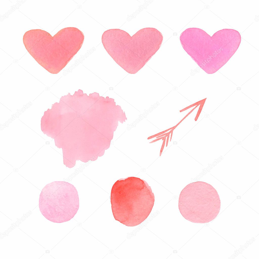  Set of watercolor shapes in red and pink colors. love hearts,stains,spots and arrow. Valentine,weeding,invitation.