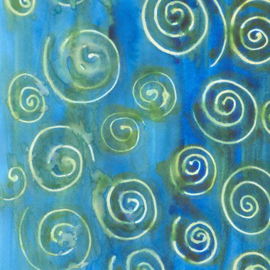 Suluboya arka plan mavi ve yeşil sarmal swirls ile. Renk zemin, poster, card.watercolor leke ve su sıçramalarına için çizim.  