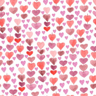 Desen kalplerin zincirinin. Tasarımınız için sorunsuz arka plan. Romantik doku boyalar ile çizilmiş pastel renkler elinde. Kırmızı, pembe ve mor renkler.