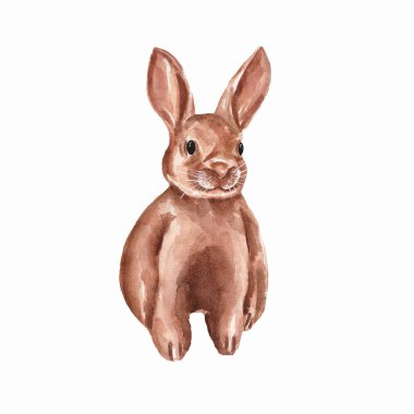 Paskalya tek kahverengi tavşan. Suluboya resim komik tavşan. Bebek hayvan. İllüstrasyon izole beyaz arka plan üzerinde. Bahar Tema.