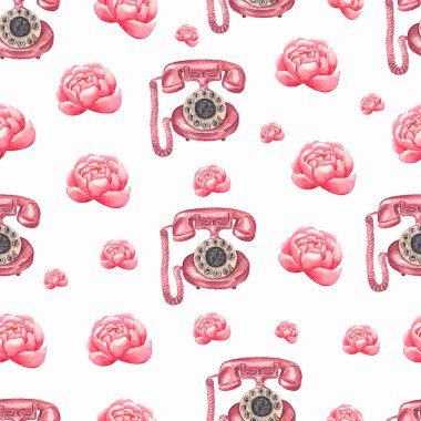 Beyaz arka plan üzerinde izole vintage pembe telefon ve çiçekler piony seamless modeli. Pembe renkler.