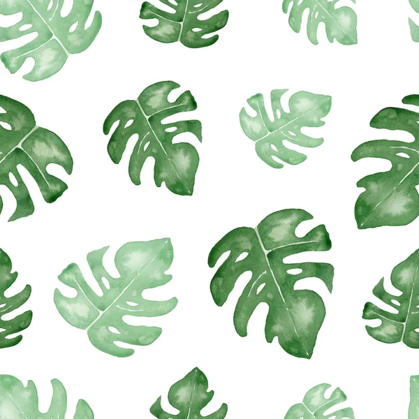 Seamless Pattern Green Leaves Monstera Tropical Leaves Palm Tree Watercolor — Stock Photo, Image