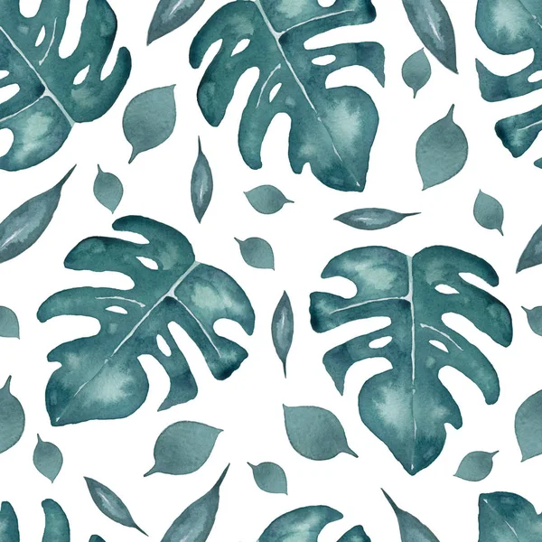 Nahtlose Muster von Blättern monstera. tropisch blaue Blätter der Palme. Aquarell exotisches Muster mit tropischen Blättern auf weißem Hintergrund. — Stockfoto