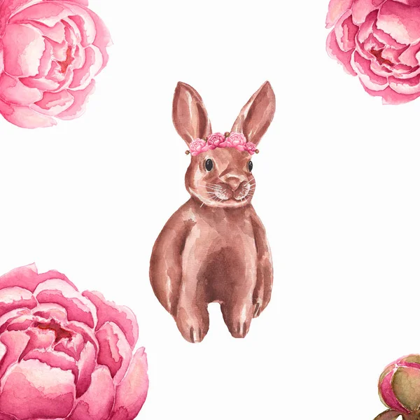Пасхальный Кролик Венком Пионских Цветов Голове Забавный Кролик Акварелью Baby — стоковое фото