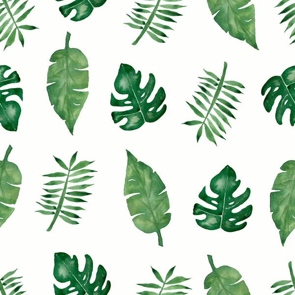 Watercolor tropical palm,monstera leaves seamless pattern.Hand painted. Tropic summertime motif may be used as background texture, wrapping paper, textile or wallpaper design. — Stock Photo, Image