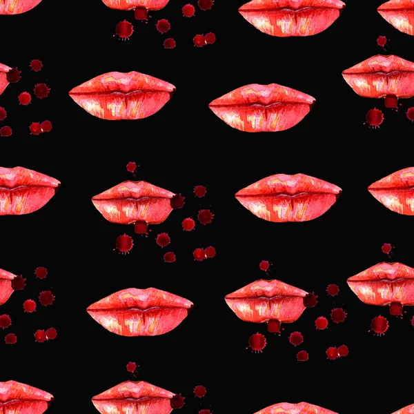 Women's lips and watercolor drops pattern. Hand drawn watercolor lips isolated on black background. Fashion and beauty illustration. Sexy kiss. Seamless. — Stock Photo, Image