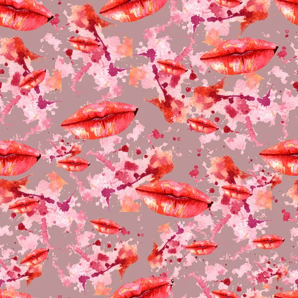 Los labios de las mujeres, gotas de acuarela y salpicaduras patrón abstracto. Labios de acuarela dibujados a mano aislados sobre fondo de color marrón rosado. Ilustración moda y belleza. Un beso sexy. Sin costuras . —  Fotos de Stock