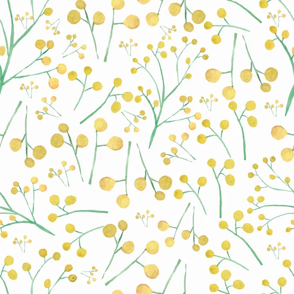 Aquarell Hand gezeichnet nahtlose Muster mit Frühlingsblumen gelben Mimosen auf dem weißen Hintergrund. — Stockfoto