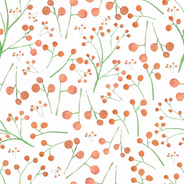 Aquarell von Hand gezeichnet, nahtloses Muster mit roten Beeren auf weißem Hintergrund. — Stockfoto
