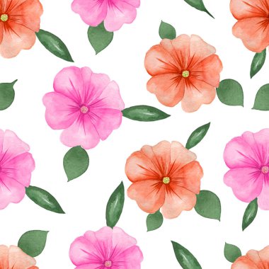 Kesintisiz beyaz zemin üzerine suluboya çiçek desenli. Pembe ve turuncu çiçekler ve yeşil yaprakları el boyalı. Kumaş, şal kağıt ya da duvar kağıdı için mükemmel. Raster illüstrasyon.