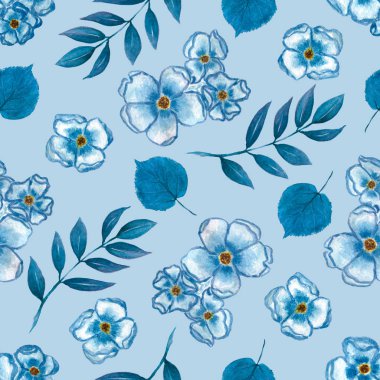 Küçük bir çiçek, sevimli çiçek desenli bırakır ve mavi renkte şubeleri. Dikişsiz el suluboya doku. Moda için zarif şablon yazdırır. Mavi arka plan. Mükemmel tasarım paketi, duvar kağıdı, Tekstil ve scrapbooking.