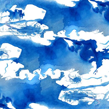 Mavi suluboya el çekilmiş kağıt doku yırtık sıçramak afiş. Islak fırça lekeleri ve kontur soyut illüstrasyon boyalı. Mavi sanatsal arka plan. Tasarım kartı, şablon, kapak. Suluboya kağıdı arka plan. 