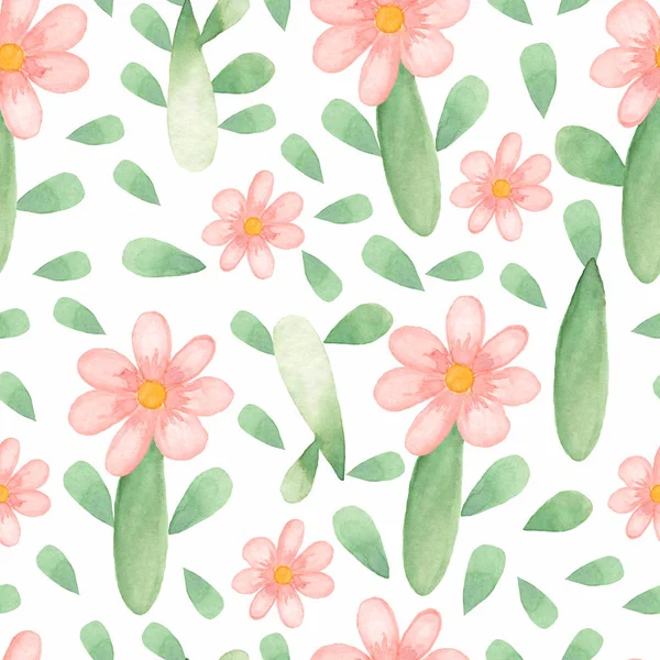 Aquarell niedliches Blumenmuster. nahtloses Muster mit rosa Blüten und grünen Blättern auf weißem Hintergrund. Trendiger Cartoon-Stil für Ihr Design. — Stockfoto