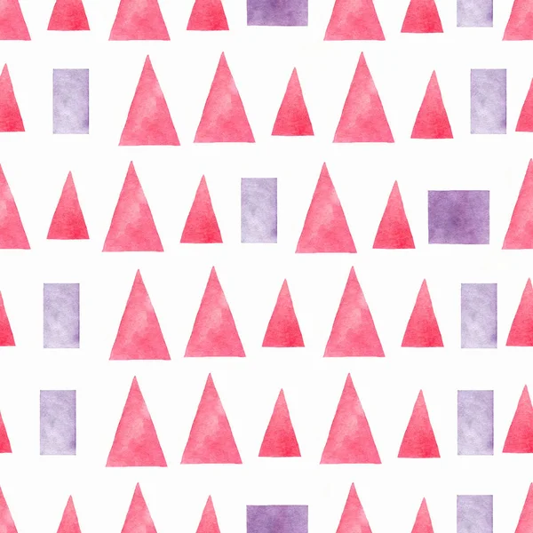 Sömlös hand dras akvarell mönster med rosa och violett toning trianglar, rektanglar och torget på en vit bakgrund. Abstrakt geometrisk bakgrund. Akvarell textur med färgad triangel, rektangel och kvadrat. — Stockfoto