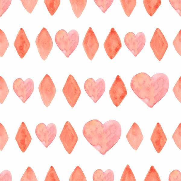 수채화 마름모와 하트 핑크와 오렌지 컬러로 완벽 한 패턴입니다. 종이 질감에 현대 기하학적 배경입니다. Triangulars 복고 스타일. — 스톡 사진