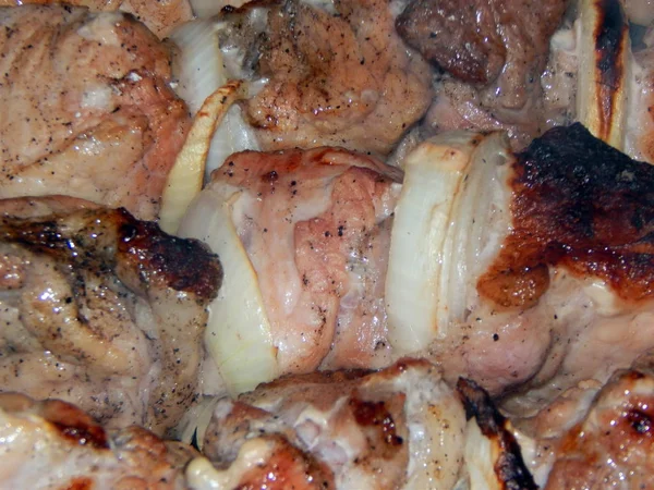 Shish Kebab Friggere Pezzi Carne Spiedini Falò — Foto Stock