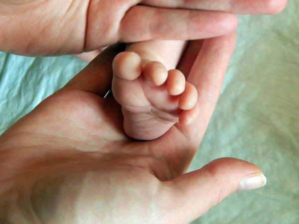 Mano Del Genitore Tiene Piede Del Bambino — Foto Stock