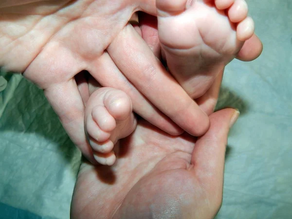 Anne Babanın Eli Bebeğin Bebek Ayağını Tutuyor — Stok fotoğraf