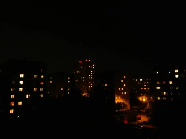 Fachadas Paisaje Nocturno Ventanas Casas Ciudad —  Fotos de Stock