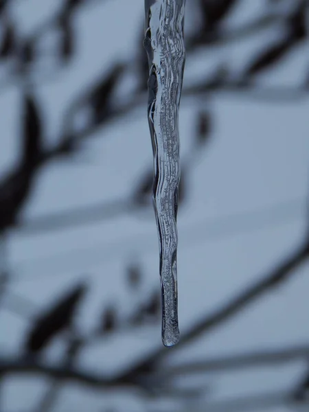 Winter icicles hang from the roof of the building — Stock Photo, Image