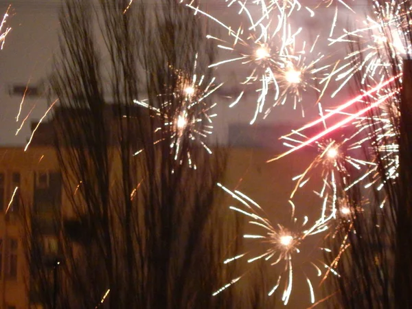 Fuochi Artificio Capodanno Sulla Città Notte — Foto Stock