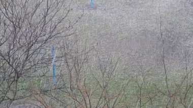 Şehirde sokakta yağmur ile dolu yağar