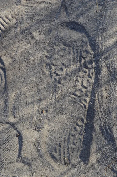 Voetafdrukken van schoenen op bos zand close-up — Stockfoto