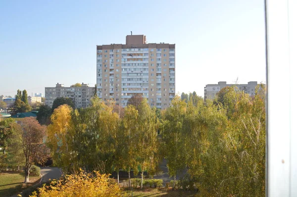 Panorama otoñal de la ciudad árboles y plantas en diferentes colores —  Fotos de Stock