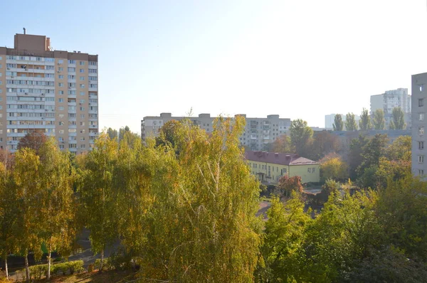 Şehir ağaçlarının ve bitkilerin farklı renklerde sonbahar manzarası — Stok fotoğraf