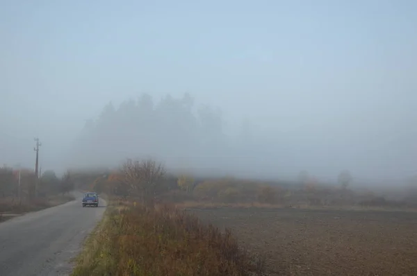 Πρωινή ομίχλη και ομίχλη στο δάσος και το χωριό — Φωτογραφία Αρχείου