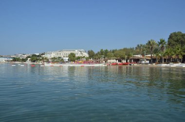 GUMBET, TURKISH - 02 Temmuz 2020 Bodrum plaj ve plaj panoraması