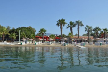 GUMBET, TURKISH - 02 Temmuz 2020 Bodrum plaj ve plaj panoraması