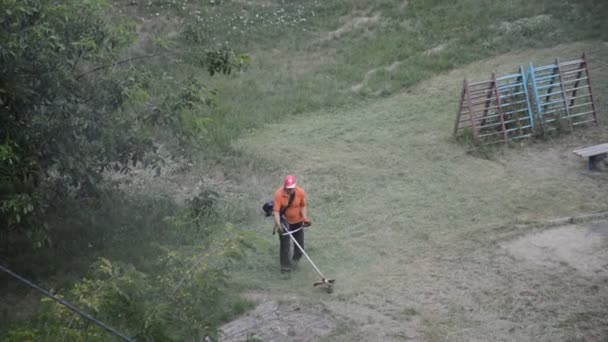 Kyiv Ukraine 2020年7月23日 男性労働者がガソリントリマーで芝生を切ります — ストック動画