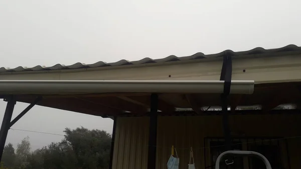 The gutter is attached to the roof for a the gutter